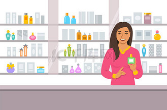 化妆品店印度女孩柜台近货架上的香水和护肤产品.