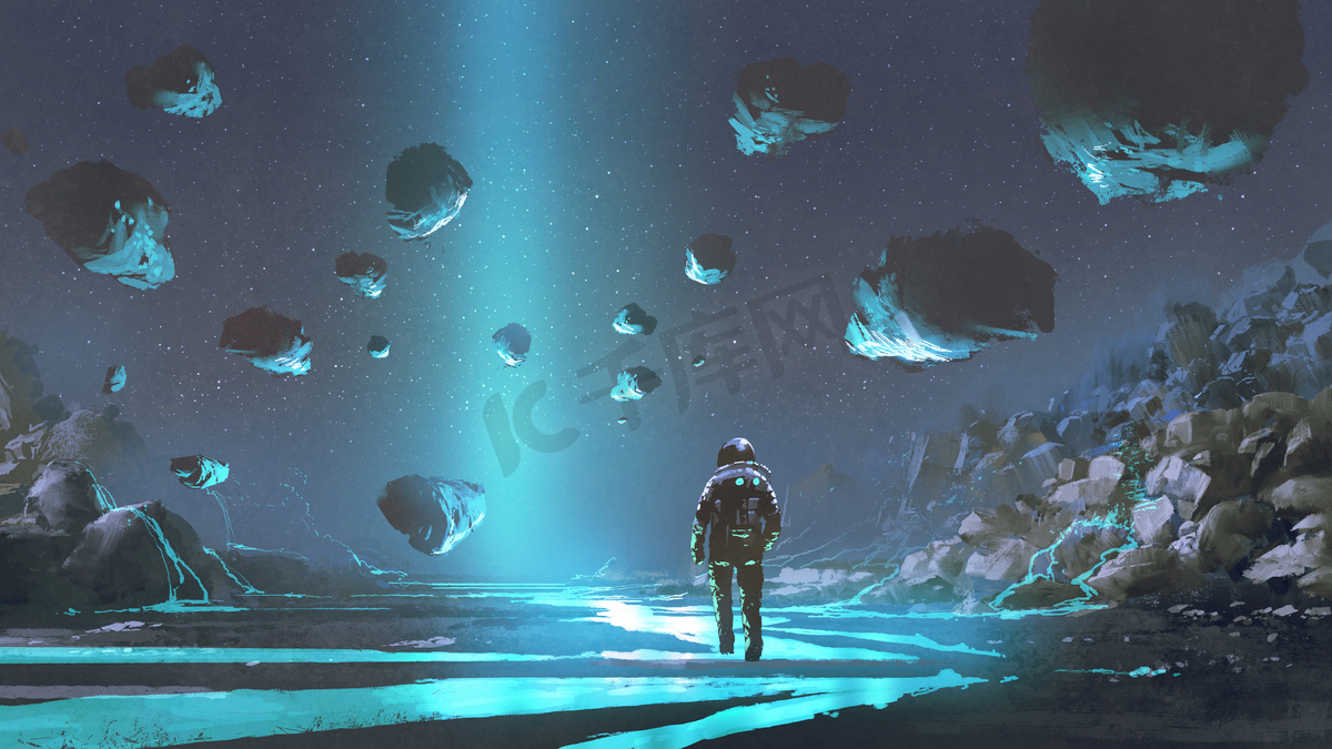 宇航员在绿松石星球与发光的蓝色矿物, 样式, 例证绘画图片