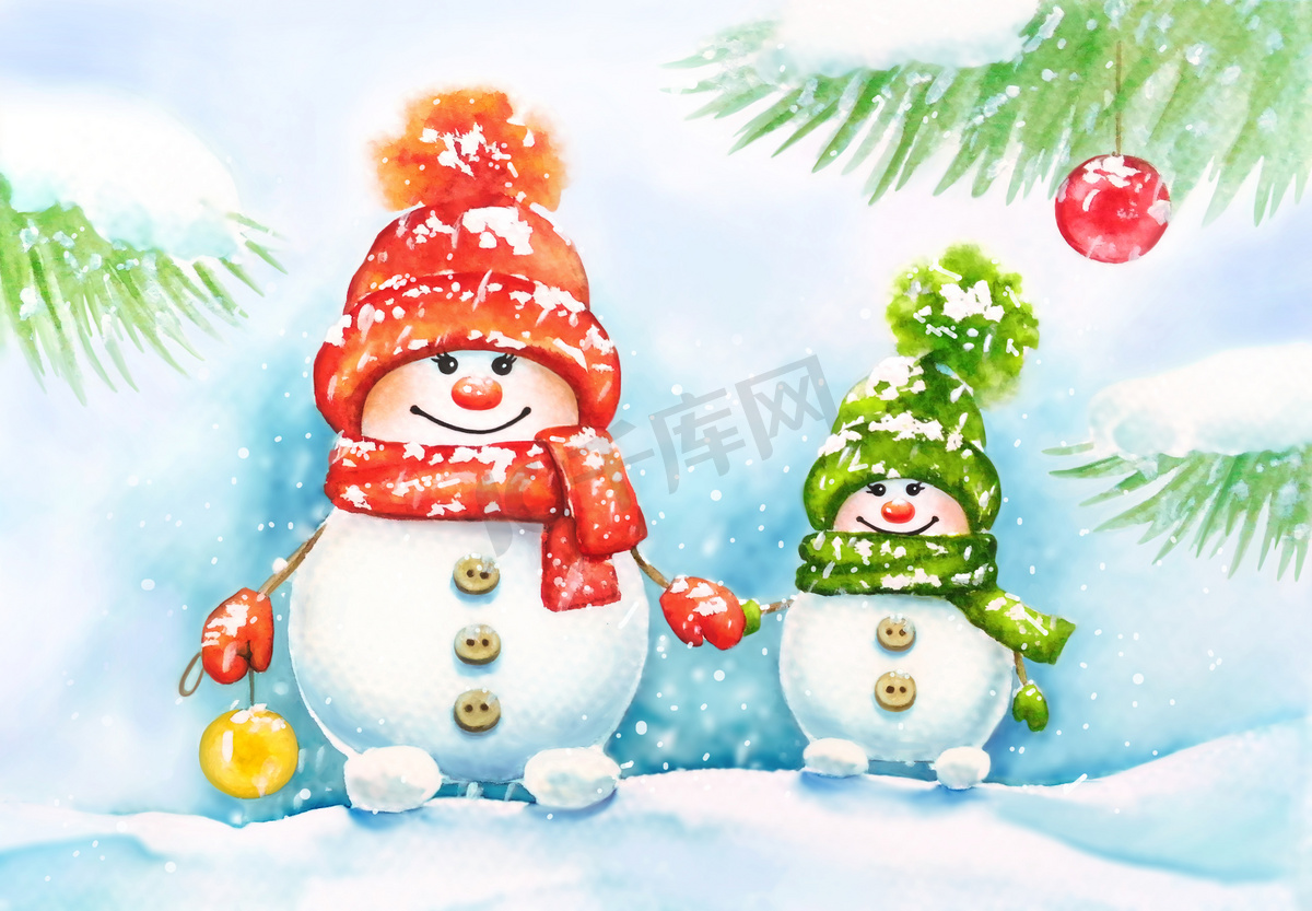 水彩手绘新年贺卡, 有两个可爱的雪人戴着帽子, 围巾和手套在森林里。他们牵着对方的手。圣诞和新年贺卡设计.图片