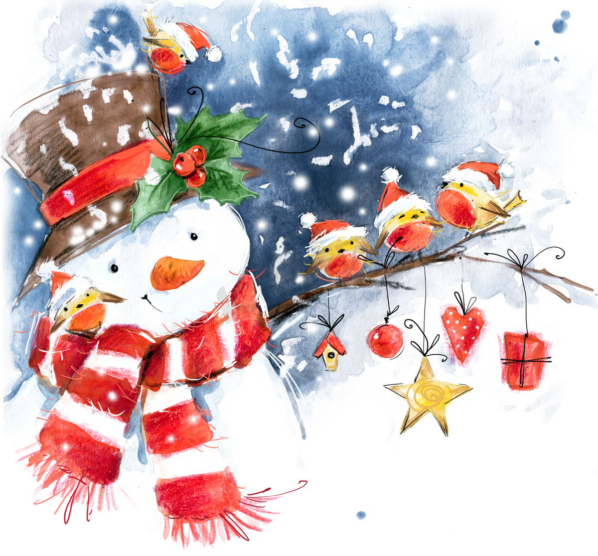 Watercolor snowman and cute bird. Snowman, snow, snowflake, bird watercolor. Winter Holiday design.图片