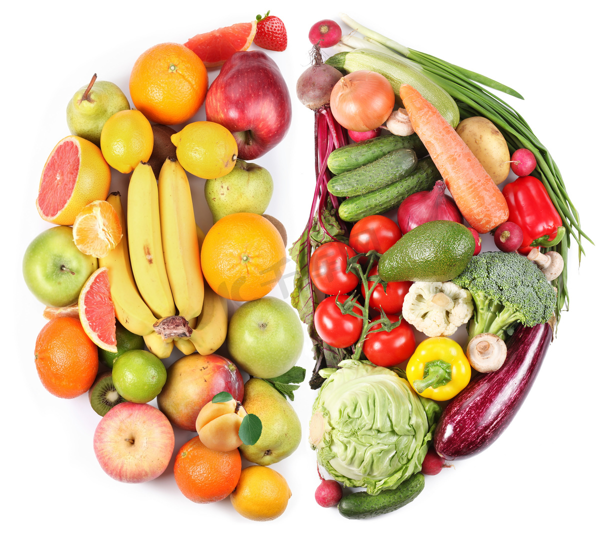 水果和蔬菜在白色背景上的两个半圆圈的窗体图片