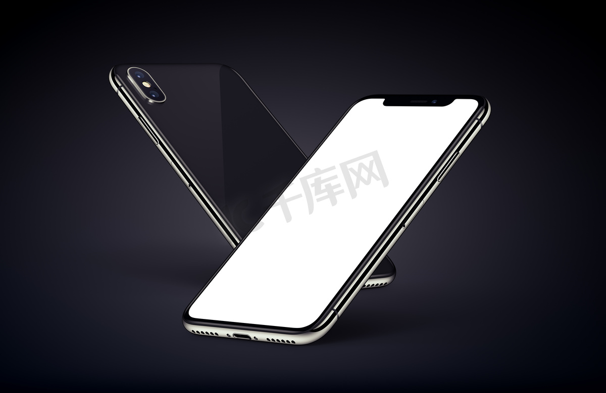 类似于 iphone X 透视智能手机在深色背景上使用白色屏幕模拟背面和正面图片