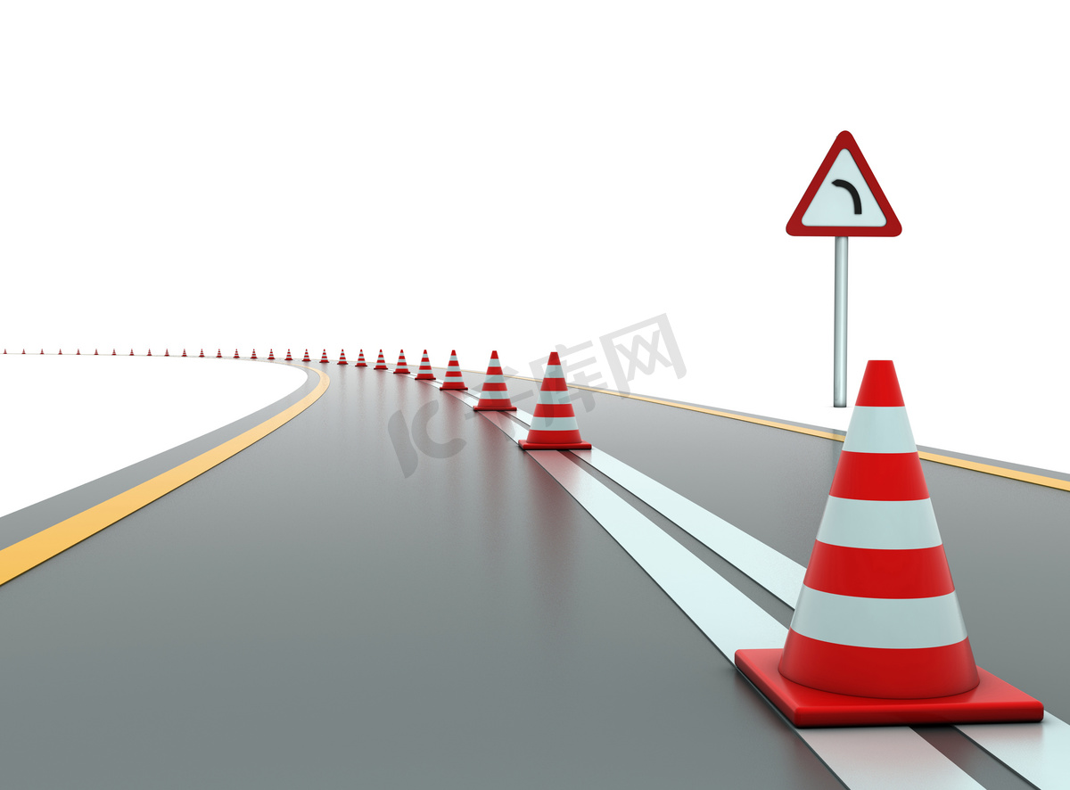 Road with traffic cones and sign图片