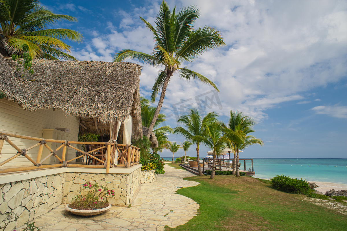 热带天堂的棕榈滩和热带海滩。在多米尼加共和国、塞舌尔、加勒比、菲律宾、巴哈马的暑假。在遥远的天堂海滩放松。大西洋上的豪华度假胜地.图片