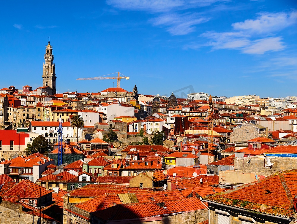 城市屋顶和克莱里戈斯教堂塔，波尔图，葡萄牙图片