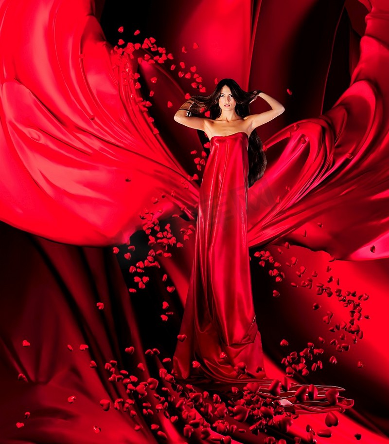 爱情女神穿着红色长裙，留着华丽的长发，在红色的窗帘、布料上连接着人们的心，这是一个神奇的仪式图片