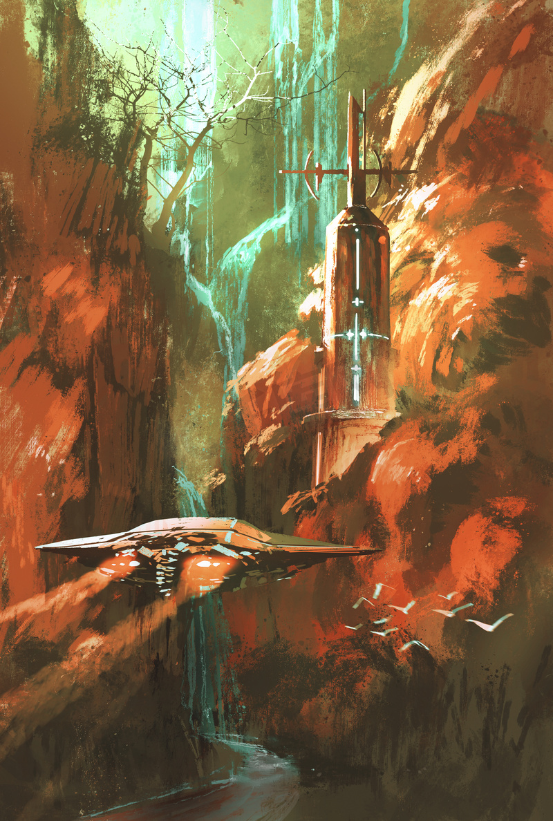 飞船上的灯塔和红峡谷背景图片