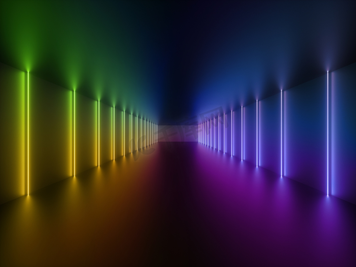 3d 渲染, 发光线, 霓虹灯, 抽象的迷幻背景, 走廊, 隧道, 紫外线, 频谱鲜艳的颜色, 激光显示图片