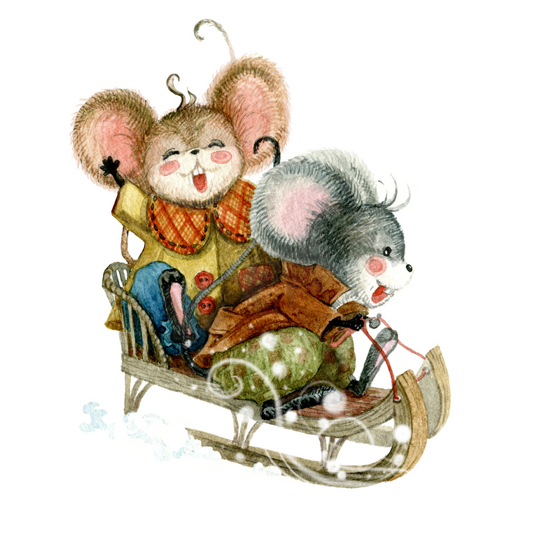 可爱的老鼠雪橇骑与节庆云杉树枝。 水彩画圣诞插图图片