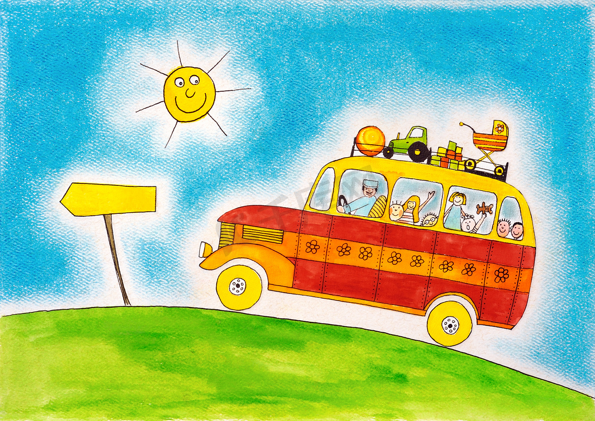 学校公车之旅、 儿童画、 水彩画画在纸上图片