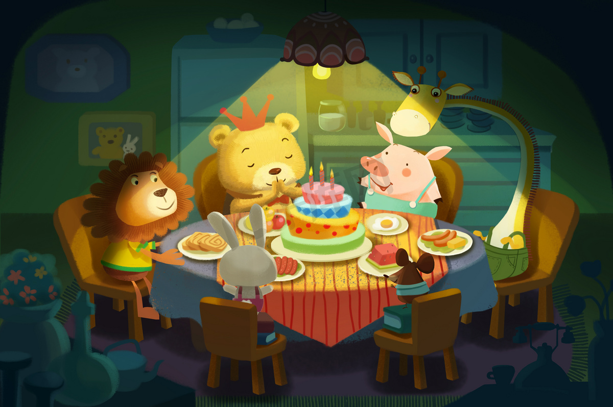 插图: 生日快乐!今天是小熊的生日, 他所有的小动物朋友都来祝他生日快乐!逼真的神奇卡通风格场景, 壁纸, 背景设计图片
