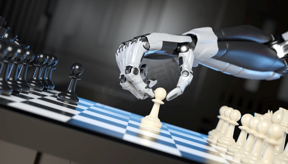 玩国际象棋的科幻机器人。3D插图。机器人&S搬运棋子的手图片