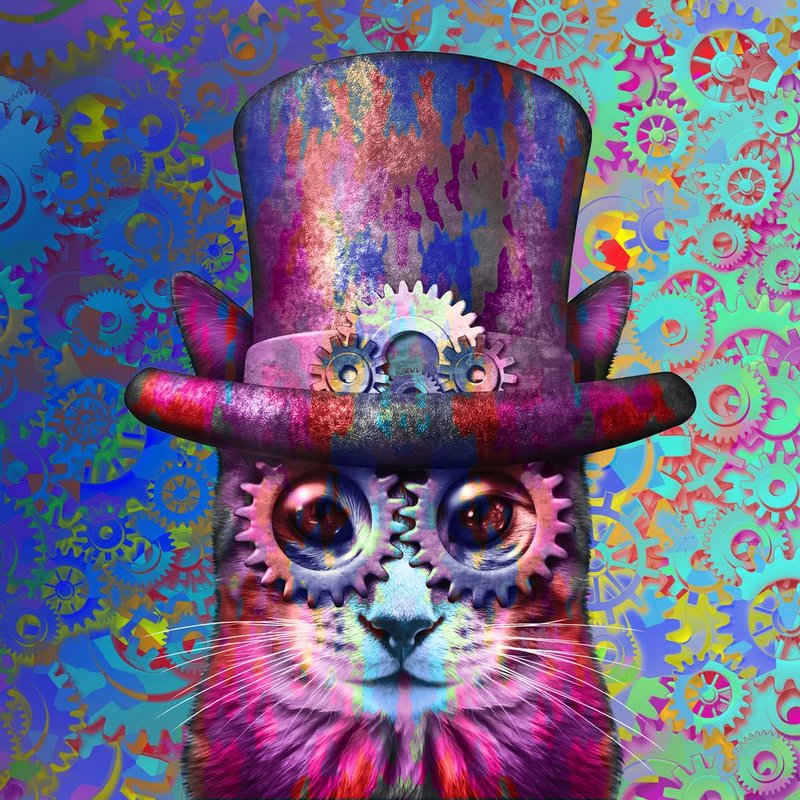 蒸汽朋克猫迷幻艺术和蒸汽朋克垃圾小猫与3D插图元素。图片