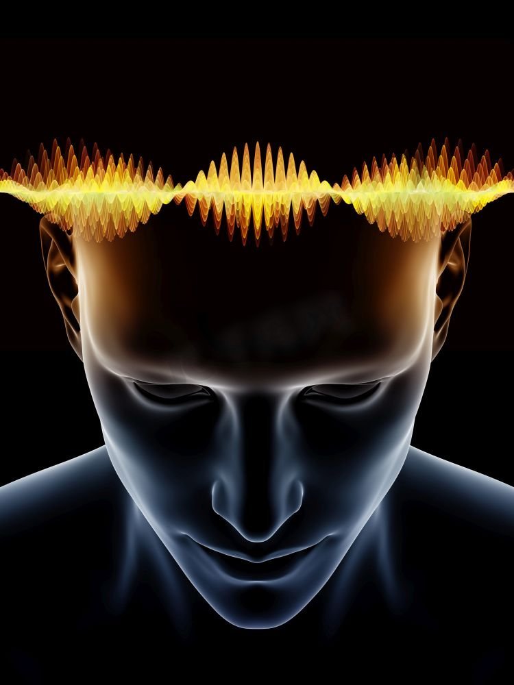脑电波，人类思维，生物学和科学的工作主题的数字插图。虚拟思维系列图片