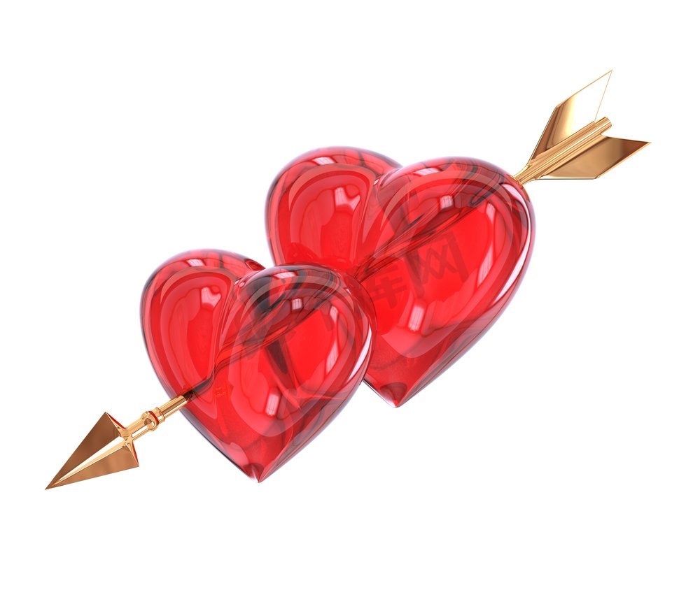 两颗红心被白色背景上孤立的金箭刺穿。丘比特S之箭。3D插图。图片