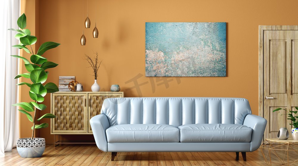 客厅的现代内部与蓝色皮革沙发，木门和橱柜，反对橙色墙壁，家设计3d渲染图片