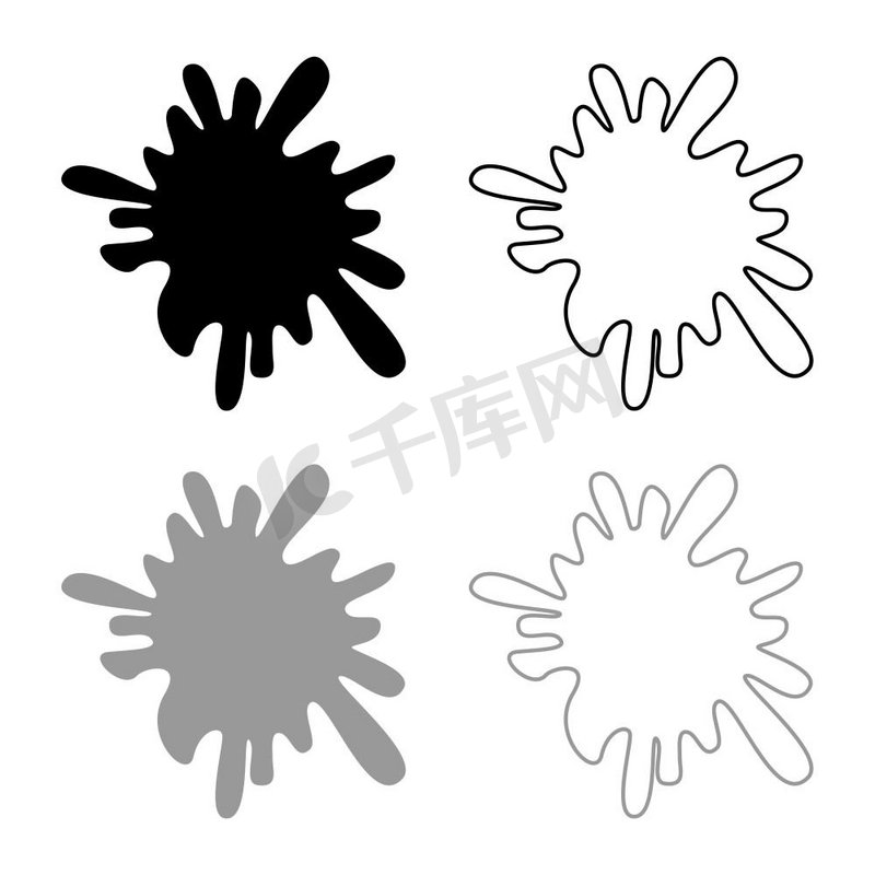 污点油墨专色喷绘图标轮廓设置为黑色、灰色、矢量插图、平面样式、简单图像图片