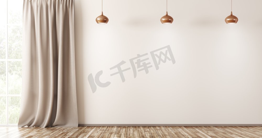 空的内部背景，客厅有米色墙，三盏灯和窗口有窗帘3d渲染图片
