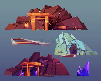 矿山入口金,祖母绿,紫水晶,水晶洞穴或木梁隧道,铁路,宝石簇和金锭.