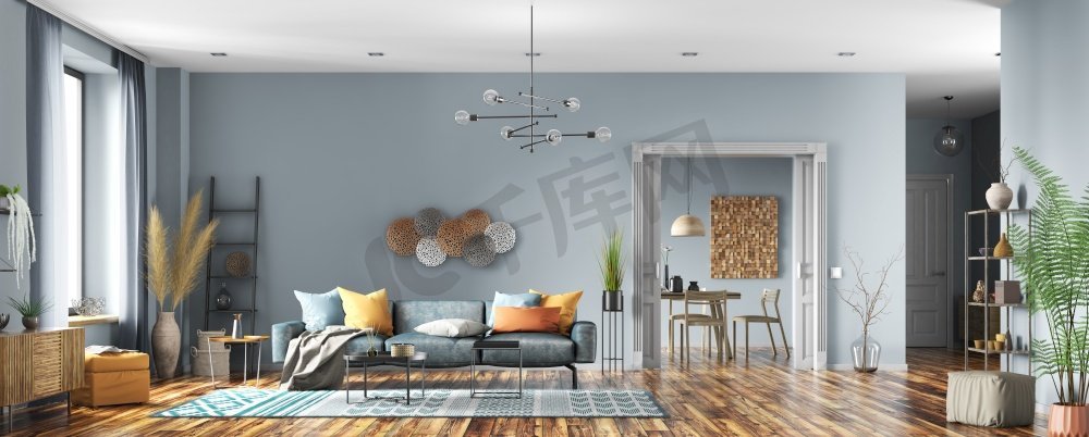 斯堪的纳维亚公寓，客厅与蓝色沙发，餐厅和大厅的现代室内设计。家居设计。全景3D渲染图片