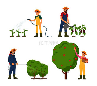 农民用罐头和软管隔离图标矢量给植物浇水.