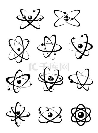 一组用于科学主题概念的原子图标,轨道上的粒子以黑白矢量插图围绕