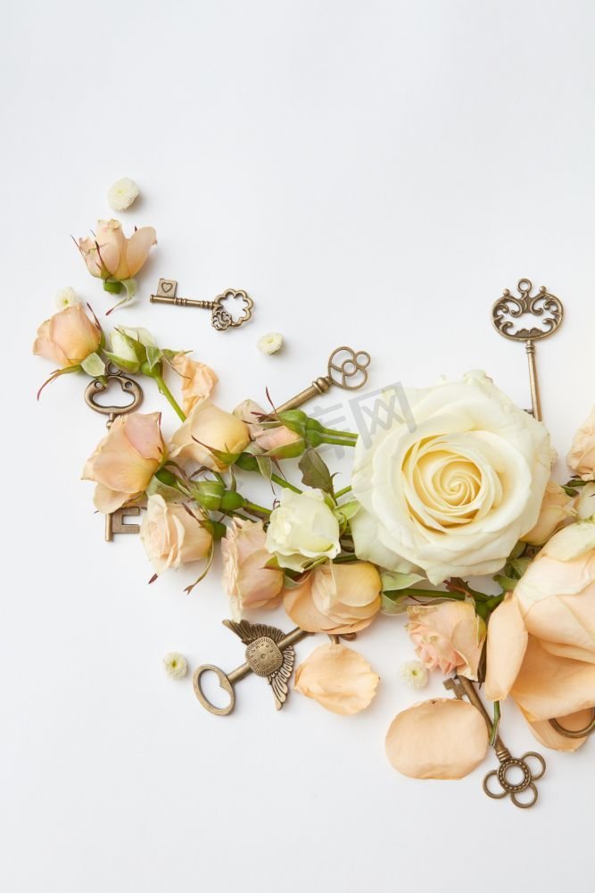 爱情，我心灵的钥匙，白玫瑰，情人节和S的概念..带钥匙的红玫瑰图片