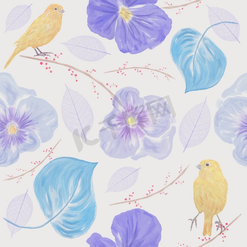 天衣无缝的花卉图案，带有黄色的鸟儿和花朵。为您的设计增添无尽的质感..天衣无缝的花鸟图案图片