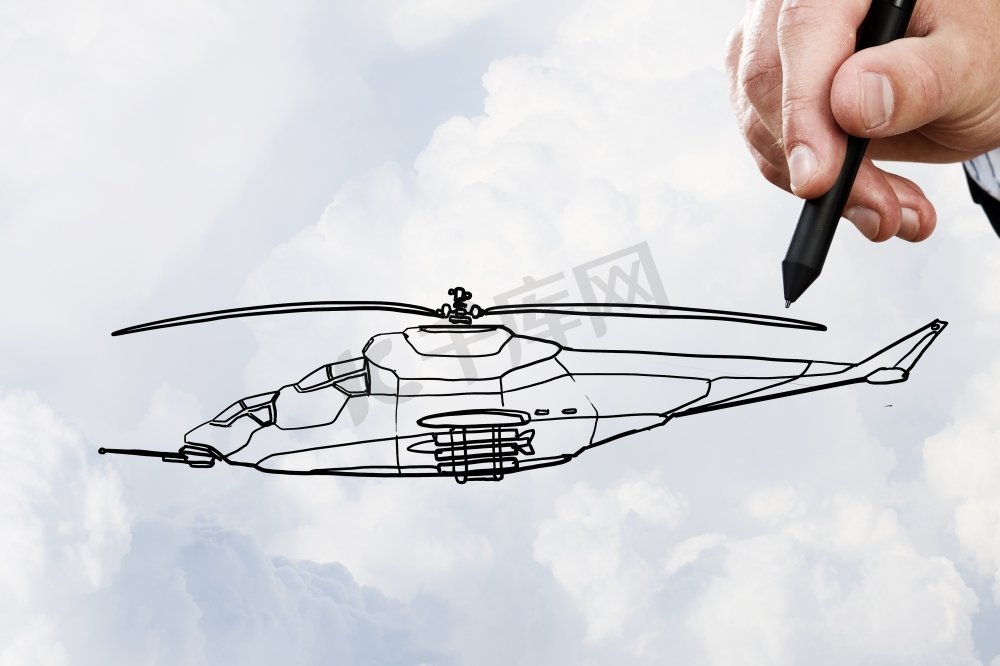 直升机设计。人手绘直升机模型ob天空背景图片