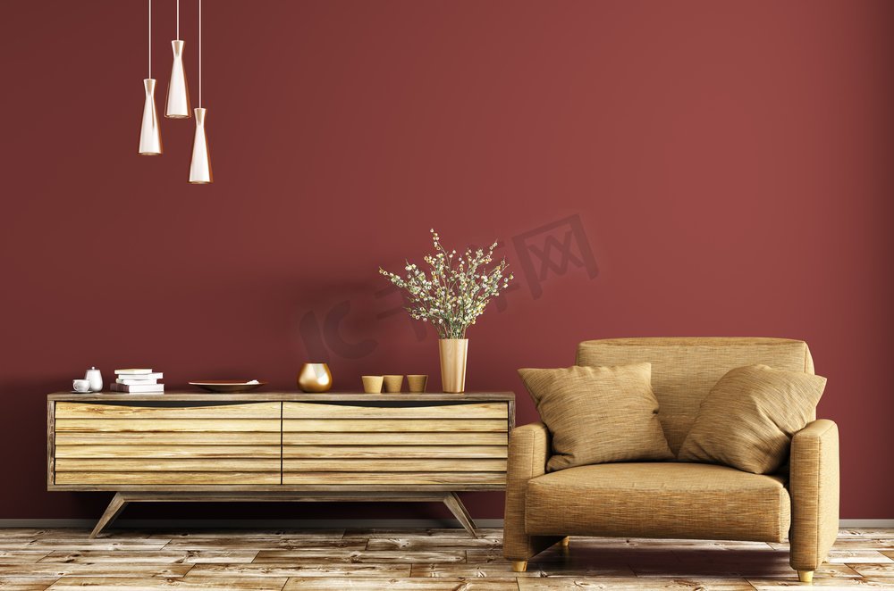 客厅的现代内部与木制梳妆台和棕色扶手椅在红墙3d渲染图片