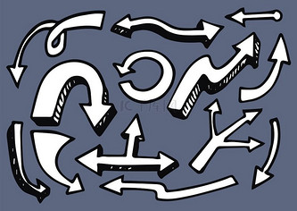 显示结果和原因的手绘元素的箭头集合,带指针的圆形线,在灰色上隔离的