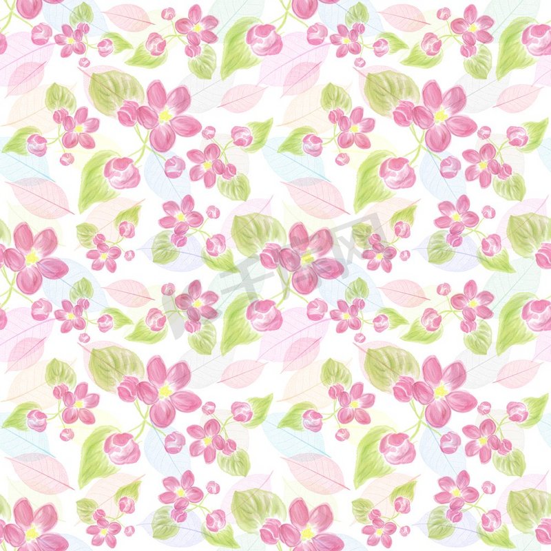 粉红色花朵和叶子的无缝图案。为您的设计提供无尽的质感。花和叶的无缝图案图片