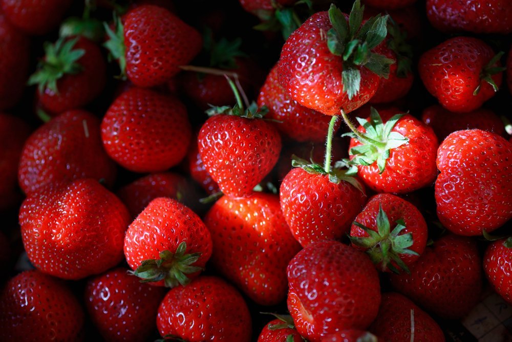 新鲜成熟的草莓和阳光图片