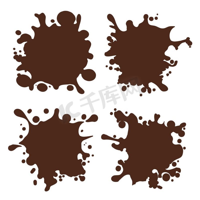 巧克力溅起的形状。巧克力飞溅形状向量插图。白色背景下的棕色巧克力斑点套装图片