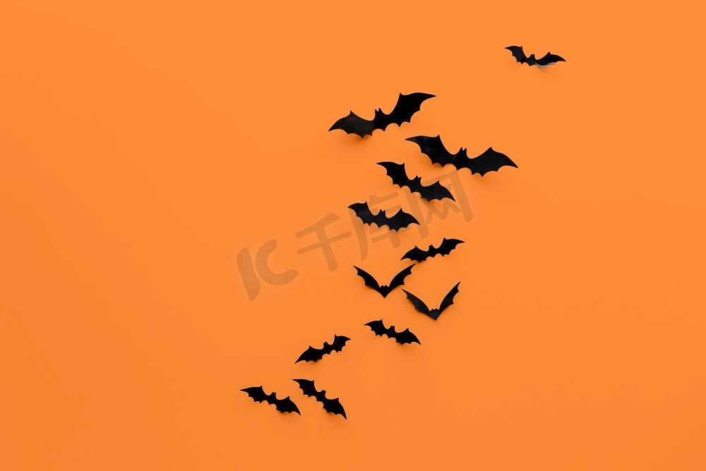 万圣节装饰概念-橙色背景上的许多黑色纸蝙蝠。橙色背景的黑色万圣节蝙蝠图片