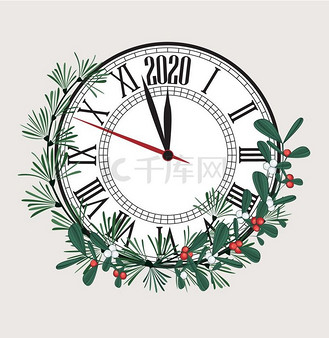 2020 年新年快乐,矢量图圣诞节背景与时钟显示年份.