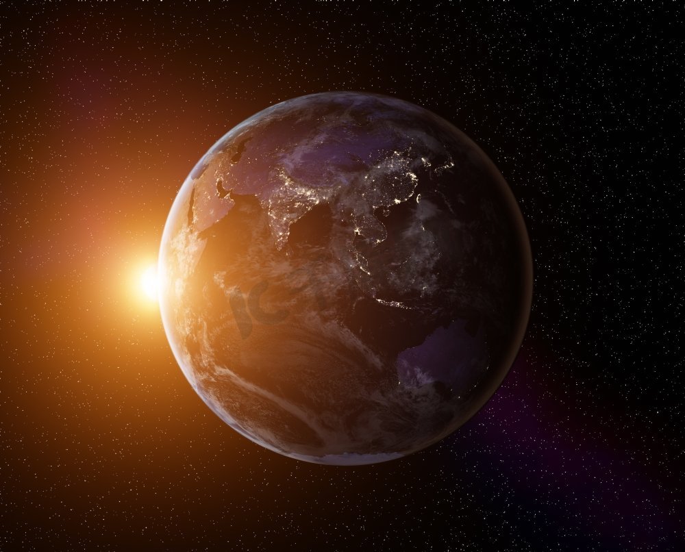太阳升起的行星地球，从太空俯瞰。美国国家航空航天局提供的这张图片的要素图片