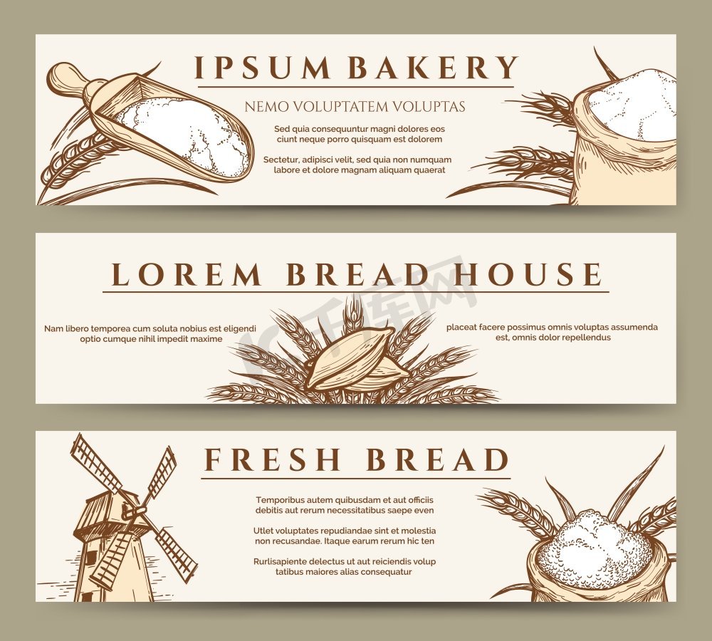 新鲜的面包和面包店的横幅。手绘新鲜面包和面包店横幅，上面有磨坊、小麦和面粉袋草图矢量插图图片