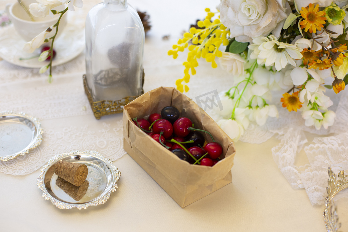 餐桌假花插花下午茶鲜花欧式樱桃装修车厘子水果图片