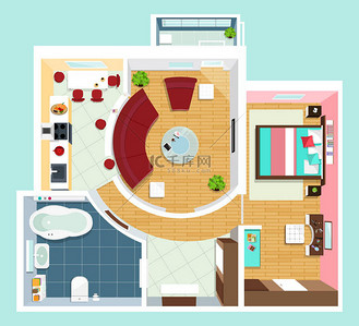 现代的详细平面平面图的公寓与家具。高级公寓视图。矢量平面投影. 