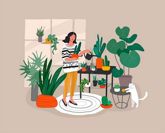 女孩在城市家庭花园里和猫一起照顾室内植物。