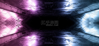 图上的主板纹理蓝色紫色激光异形宇宙飞船黑暗之夜展示厅仓库隧道空旷空间背景3D渲染示例