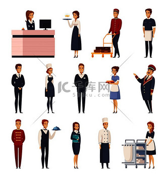 酒店工作人员卡通集代表行李员女仆门卫接待员行李员厨师礼宾服务员矢量插图的孤立图标。