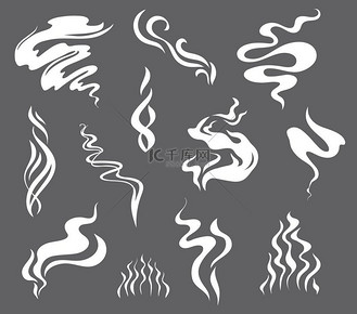 卡通烟雾效果食物的味道咖啡和茶蒸汽的香气矢量云烟雾和火灾烟雾痕迹白色扁平的空气雾或热茶或咖啡杯的热气和风味效果卡通烟雾效果食物风味咖啡蒸汽