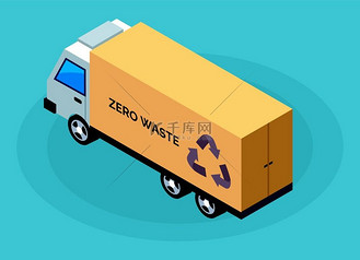 垃圾车、卡车、带垃圾袋的汽车、零废物标志、生态保护、污染预防。