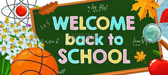 彩色球卡通图片素材_欢迎回到学校卡通矢量海报，绿色黑板上用粉笔彩色题词，上面有数学公式、学校文具、秋天的树叶、篮球球和水仙花。
