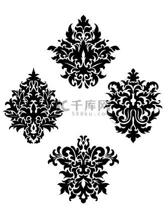 白色背景上以菱形图案排列的四种不同的黑白叶状蔓藤花纹图案