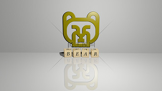 地板上的立方体骰子字母和墙壁上的3D图标的BEAR文本.动物和背景的3D插图