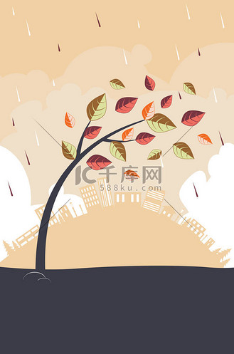 暴风雨中的卡通树和遥远的城市,多风的天气.