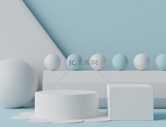 店面清仓3D素材模型_3D渲染蓝色白色的空Podium 。用干净设计的空白底座和店面。产品展示的最小场景。化妆品广告的背景摘要.